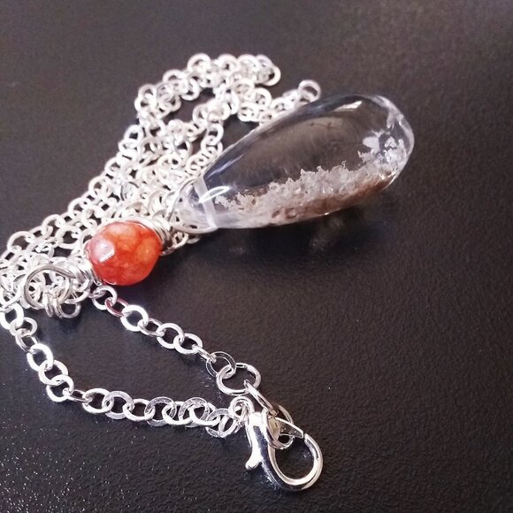 Clear Quartz w. Natural Rock Inclusions + Orange Agate Top Bead! Chain Included - Picture 1 of 8